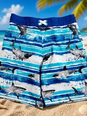 Boys Size 8 Wonder Nation Shark Swim Trunks Blue Striped Elastic Waist EUC